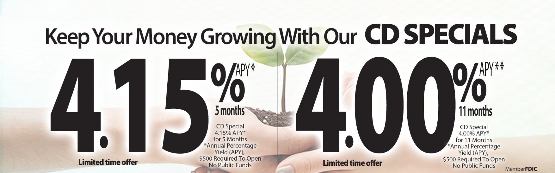 Image of two hands holding a growing plant with CD special advertisement. Keep Your Money Growing with Our CD Specials. CD Special Annual Percentage Yield 4.15% for 5 Months. $500 required to open No public funds. 4.00% APY for 11 months, $500 required to open No public funds. Limited time offers. Member FDIC